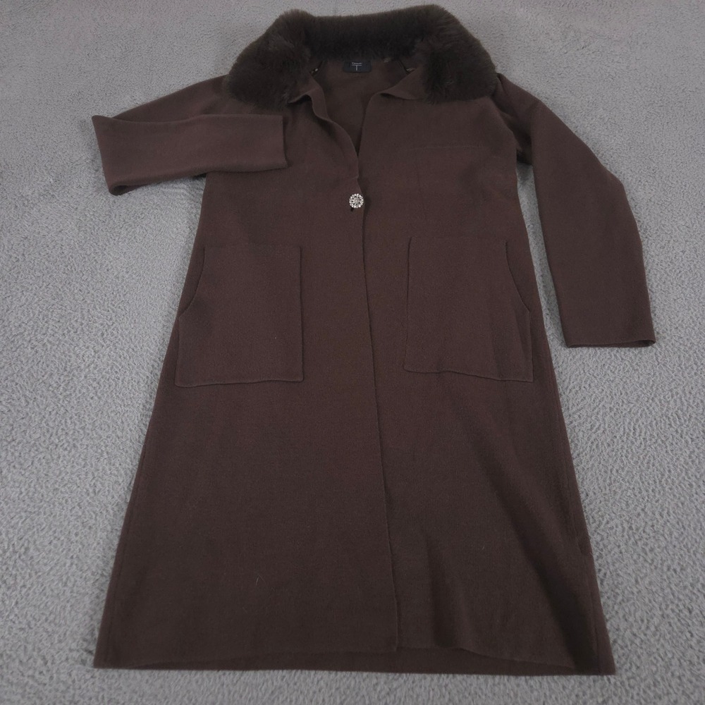Tahari Coat Women Large Brown Faux Fur Collar Viscose Blend Knit Jacket Cardigan